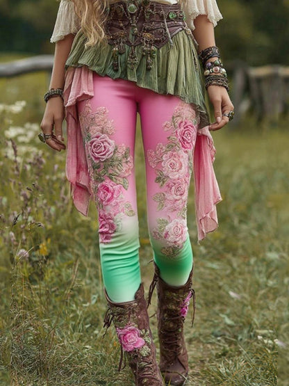 Vintage Purple Lavender And Floral Embroidered Casual Leggings