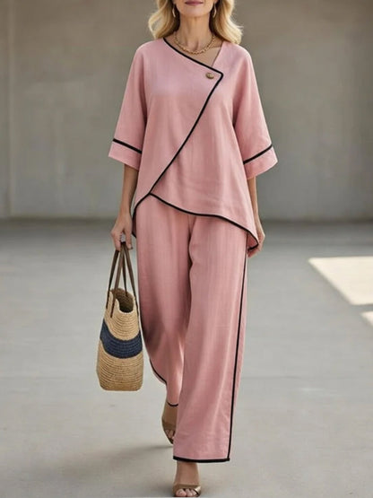 Casual Black Linen And Cotton Asymmetrical Collar Top And Pants Set