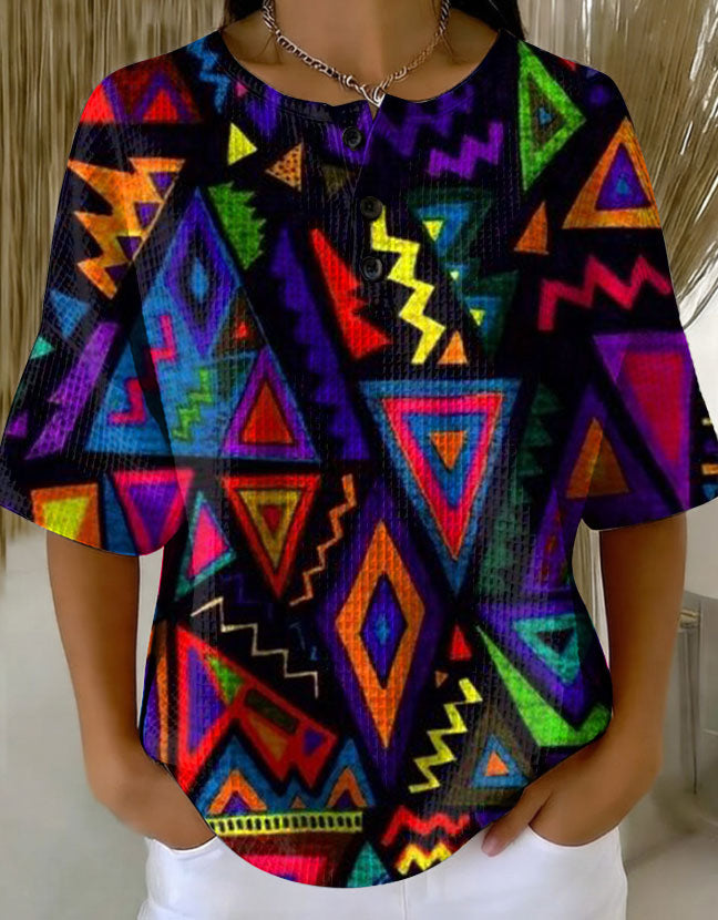 Women's Retro Geometric Patchwork Abstraction Patterns Art Print Casual Waffle Cotton Shirt