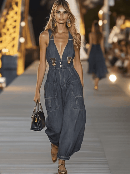 Fashion Personality Loose V-neck Suspender Denim Jumpsuit