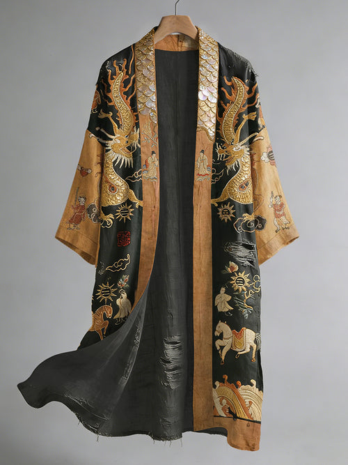 Retro Dragon Mural-inspired Pattern Casual Linen Blend Kimono