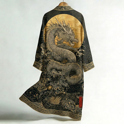 Men's Retro Japanese Dragon And Auspicious Cloud Print Linen Long Kimono