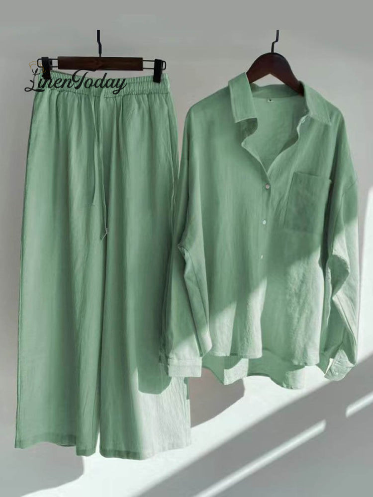 Women's Solid Color Loose Elegant High Waist Casual Cotton And Linen Suit