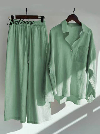 Women's Solid Color Loose Elegant High Waist Casual Cotton And Linen Suit