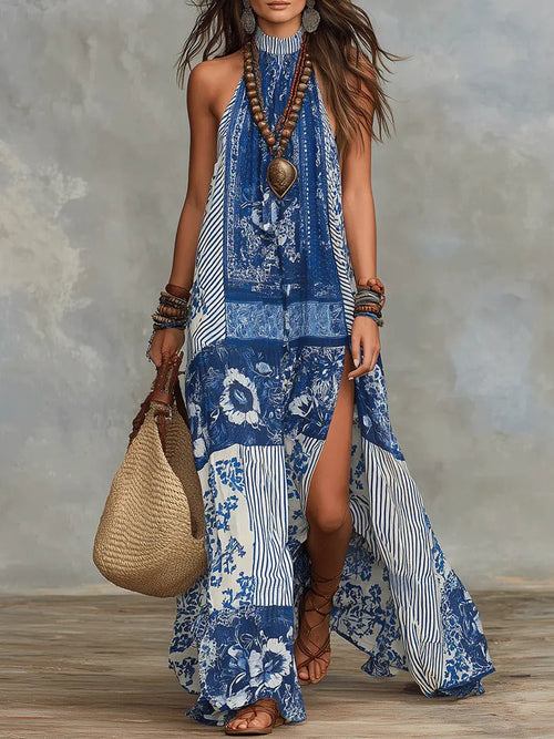 Women's Retro Ethnic Floral Pattern Art Print Casual Fashion Cotton Maxi Dress