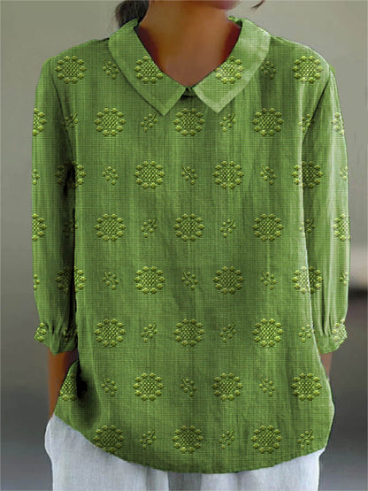 Women's Vintage Floral Art Print Casual Cotton And Linen 3/4 Sleeve Shirt