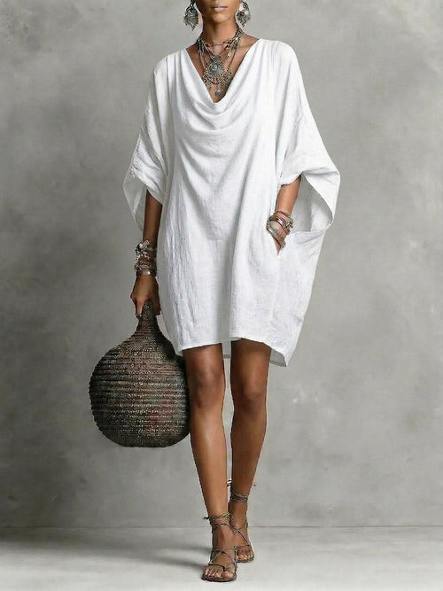 Women's Solid-color Cowl-neck 3/4-sleeve Casual Loose Cotton-linen Dress