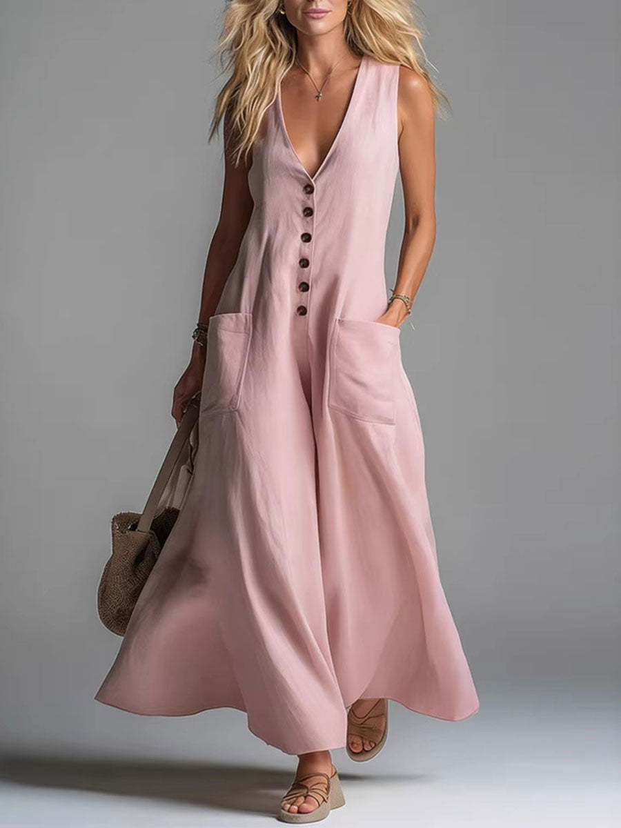 Women's Casual Pocket Deep V-neck Solid Color Casual Dress