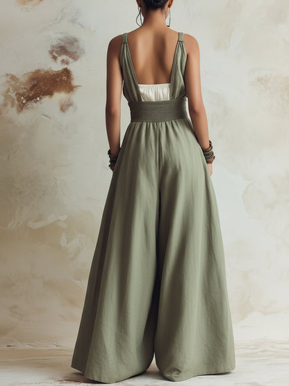 Olive Green Smocked Waist Wide-Leg Linen Jumpsuit With Pockets