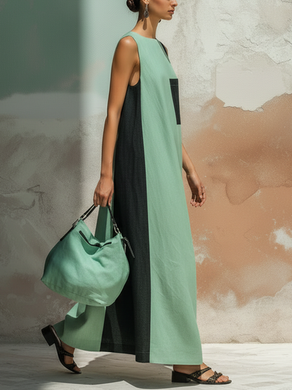 Mint Green & Black Denim Colorblock Sleeveless Maxi Dress
