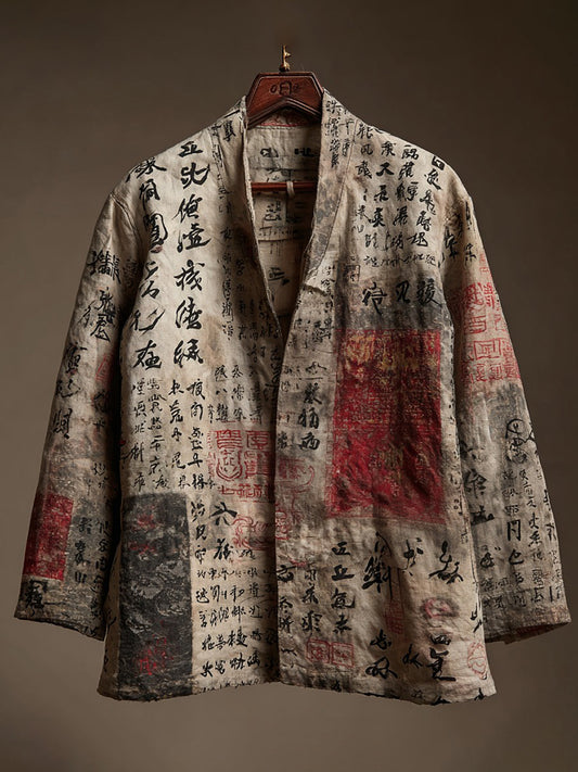 Retro Calligraphy Art Pattern Casual Linen Blend Kimono Cardigan