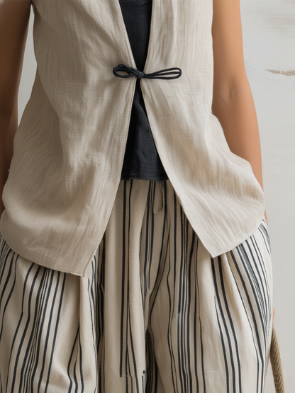 Linen Vest & Striped Harem Pants Two-Piece Casual Set (Inner Top Not Included)