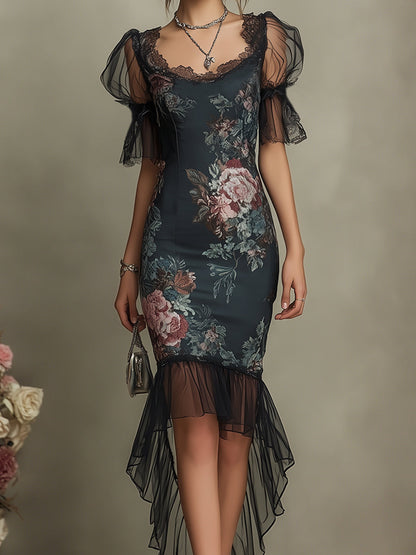 Vintage Floral Satin  Maxi Dress With Chiffon Fishtail Hem
