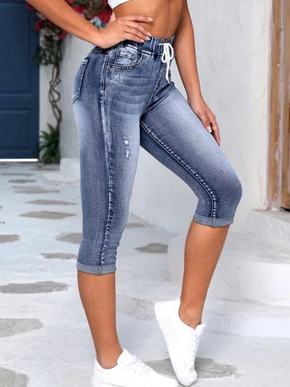 Women's High-stretch Drawstring High-waisted Ripped Skinny Jeans