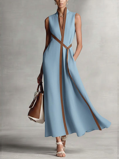 Women’s Stand-Up Collar Sleeveless Casual Loose Cotton and Linen Dress
