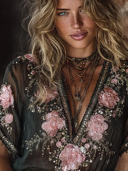 Bohemian Romantic Style Embroidered Rose Short-sleeved Top