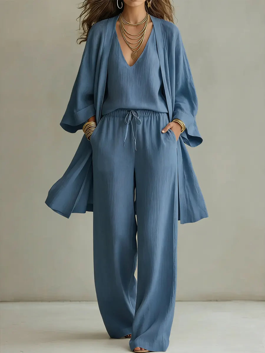 Women's Minimalist Cotton And Linen Wide-leg Pants Three-piece Set