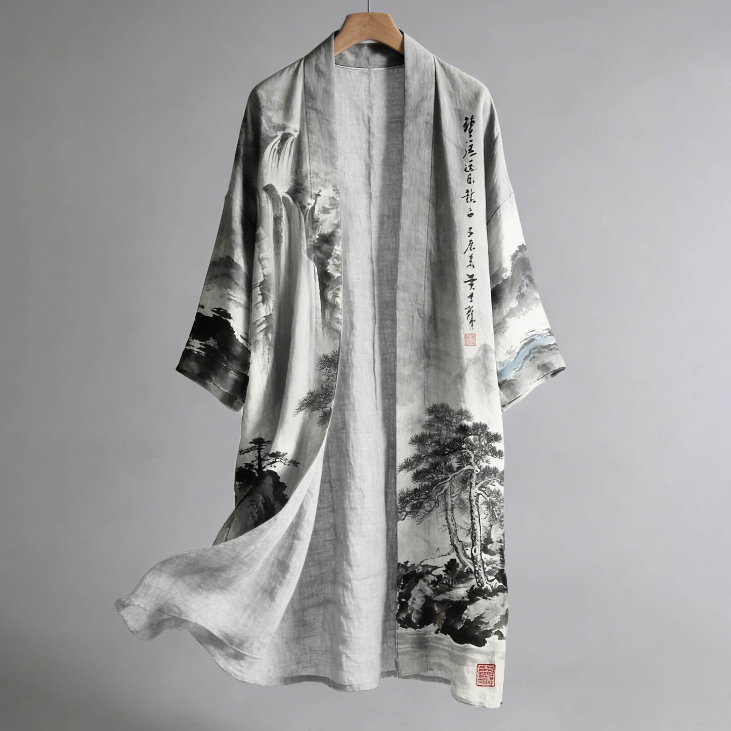 Men's Retro Landscape Painting Art Linen Long Kimono
