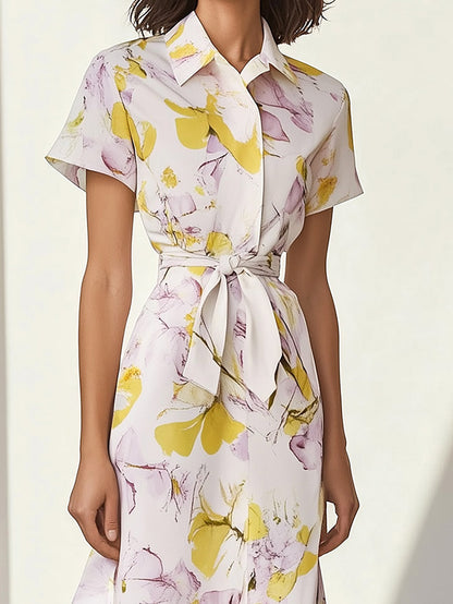 Floral Print Cotton-Blend Short-Sleeve Dress with Waist Tie