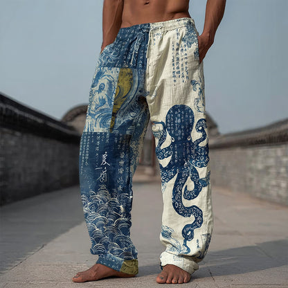 Japanese-style Octopus Calligraphy Shibori Patchwork Distressed Cotton Linen Pants