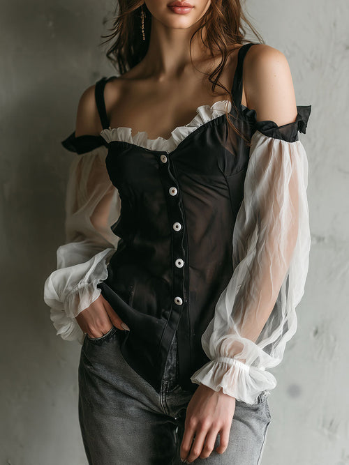 Retro Black Off-Shoulder White Organza Sleeves Blouse White Buttons