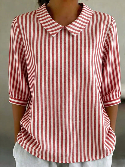 Retro Peter Pan Collar Striped Cotton-linen Shirt