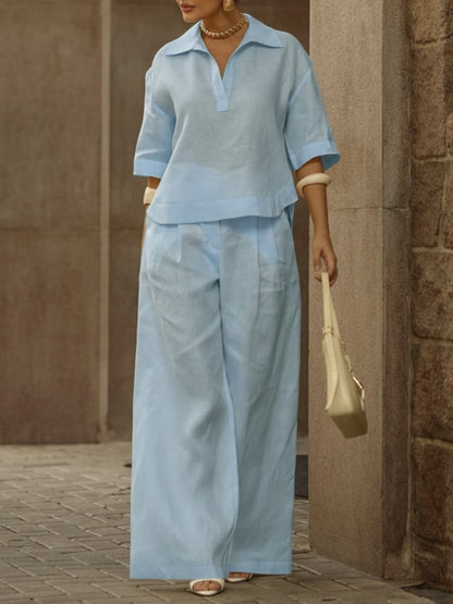 Women's Casual Linen And Cotton Shirt And Wide-leg Pants Two-piece Set