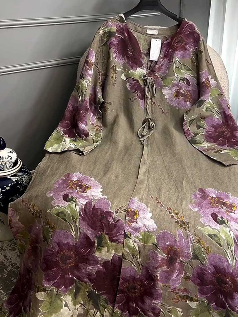 Women's V-neck Long Sleeve Vintage Positioning Print Casual Loose Cotton and Linen Dress