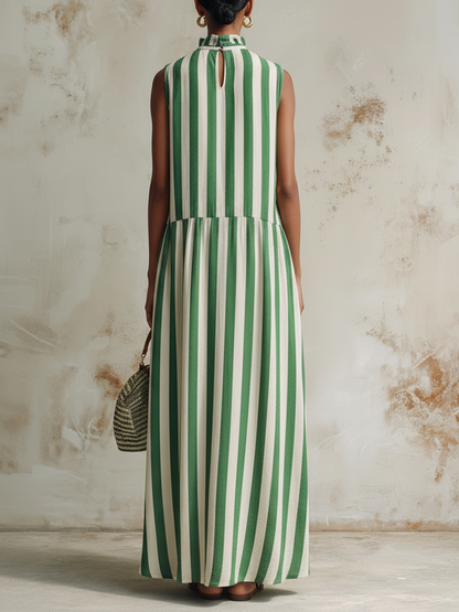Green & White Striped Sleeveless Maxi Dress With Ruffle Neck