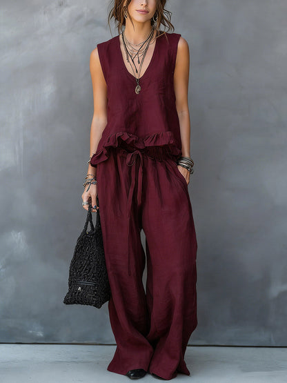 Women's V-neck Sleeveless Casual Loose Cotton Top With Elastic Waist And Wide-leg Pants Cotton Linen Set
