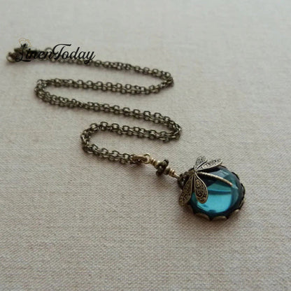 Vintage Dragonfly Green Crystal Boho Jewelry Necklace