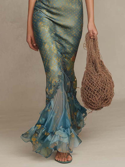 Bohemian Lace-Trimmed Satin Mermaid Maxi Dress