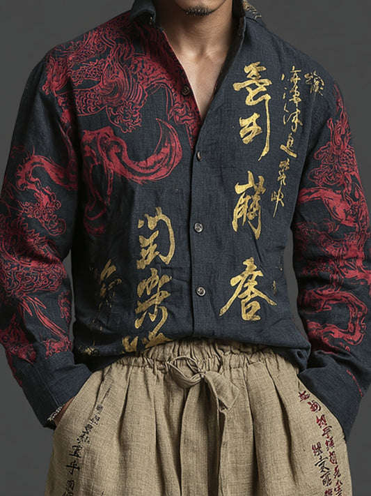 Japanese Art Retro Dragon Linen Casual Long-sleeve Top