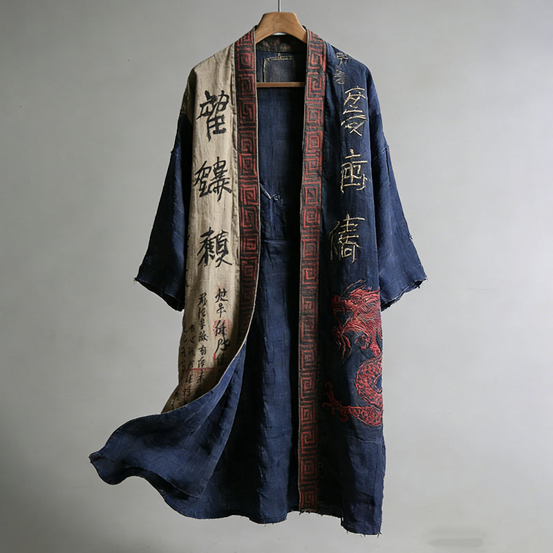 Men's Japanese Dragon Pattern Calligraphy And Painting Art Linen Long Kimono