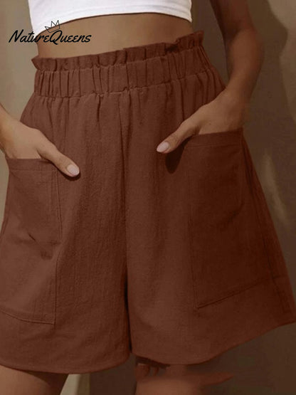 Cotton and Linen Wear High-waisted Shorts with Buds