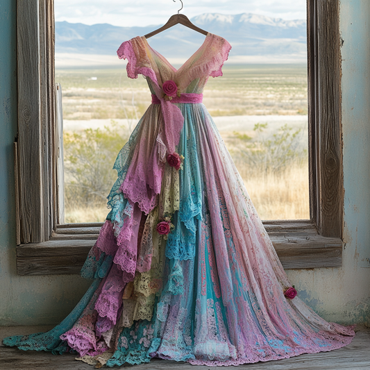 Windowsill Summer Romantic Lace Ruffle Rainbow Maxi Dress ae79