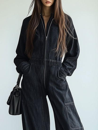 [24-hour shipping out]Casual Loose Retro Denim Zipper Elastic Waist Lapel Long Sleeve Jumpsuit