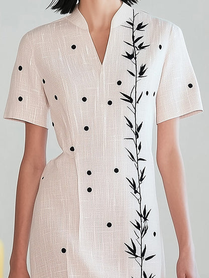 Pink Polka Dot Linen Dress with Bamboo Embroidery