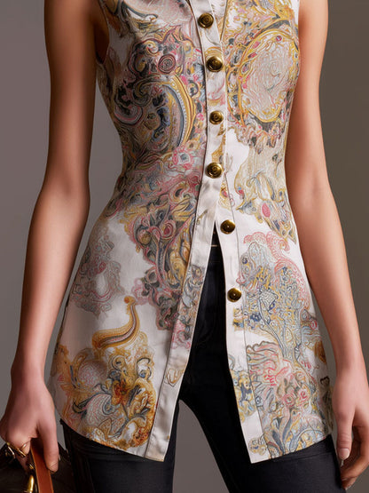 Retro Sleeveless Baroque Print Satin Longline Blouse With Button-Front
