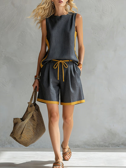 Women's Round Neck Sleeveless Casual Loose Vest And Elastic Waist Casual Loose Shorts Cotton And Linen Set.