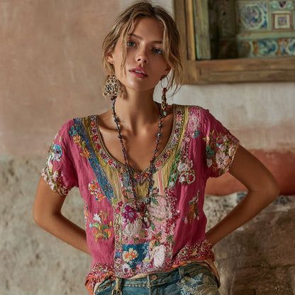 Women's Bohemian Floral Embroidery Art V-neck Short Sleeve Linen Blend T-shirt
