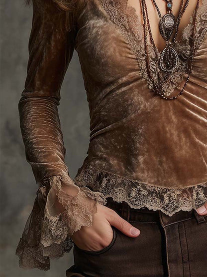 Vintage Light Brown Velvet Lace Trim Long Sleeve Top