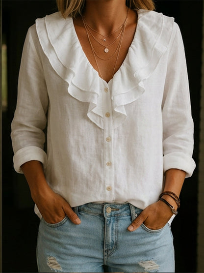 Women's Ruffled Collar Linen And Cotton Shirt