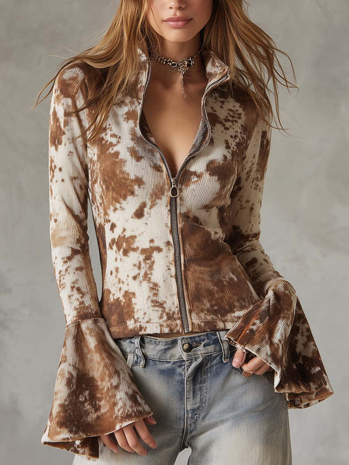 Leather-printed Bell-sleeve Ribbed Knit Shirt