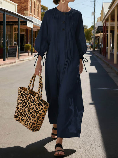 Women's Solid Color Round Neck Long-sleeved Casual Loose Pleated Cotton And Linen Dress