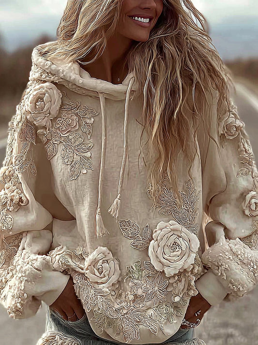 Women's Classic Romantic Pink Rose Embroidery Art Comfy Hoodie