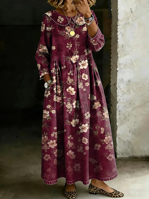 Women's Retro Floral Art Splicing Long-sleeved Loose-fitting Casual Denim Dress