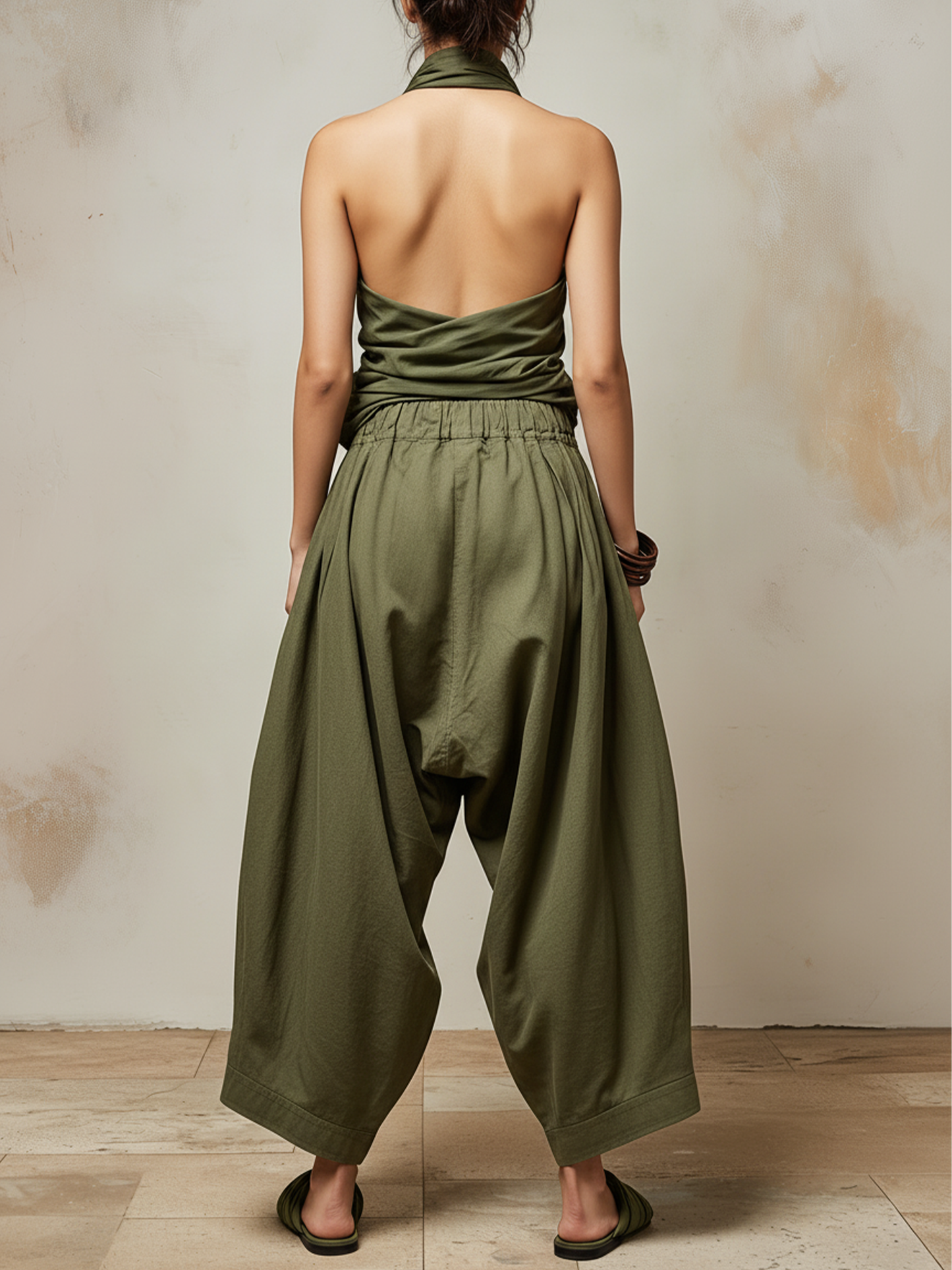 Olive Green Halter Top & Barrel Pants Two-Piece Set
