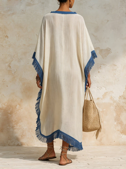 Breathable Linen Fringed Trim V-Neck Kaftan Maxi Dress