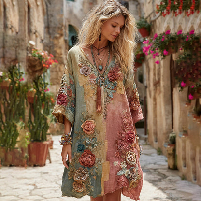The Ice Cream Collection Women's Classic Bohemian Floral And Rose Gradient Art Linen Long Sleeve Midi Dress